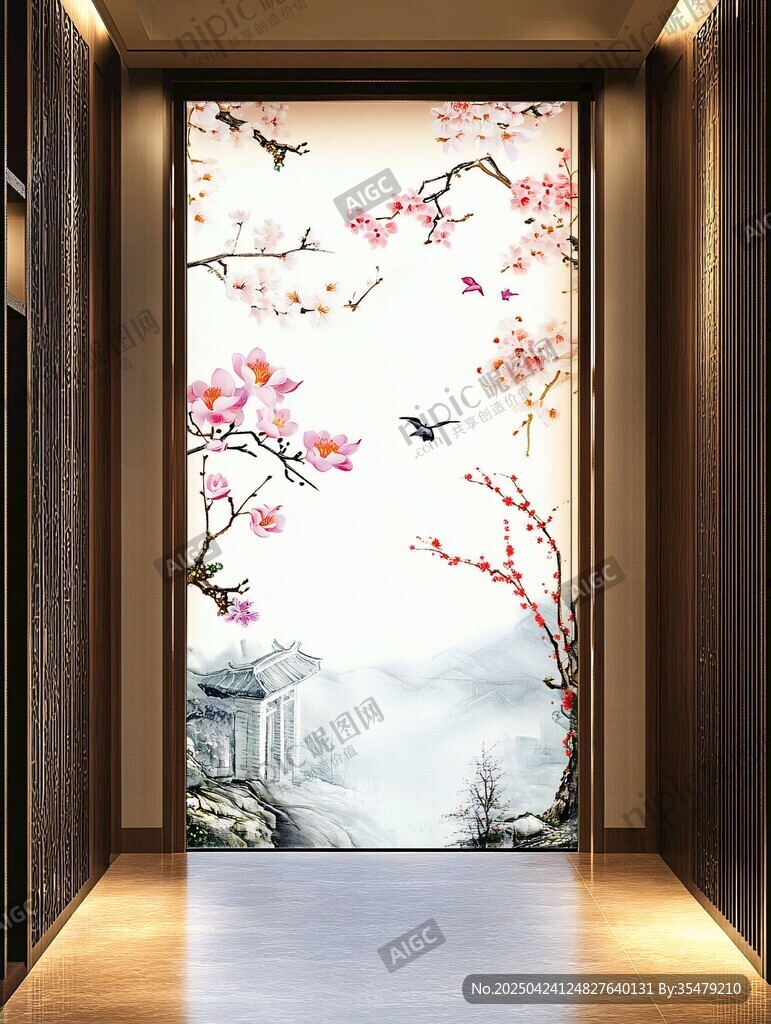 中式玄關(guān)桃花飛鳥(niǎo)藝術(shù)壁畫(huà)