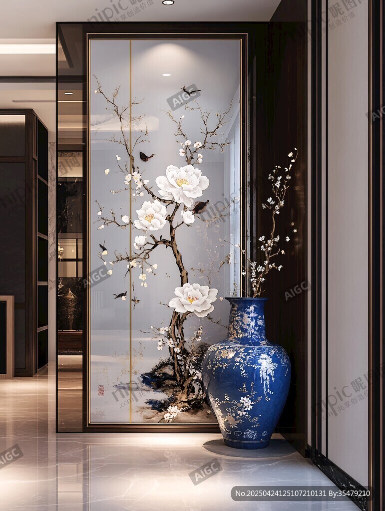 中式玄關(guān)處的雅致花鳥景致