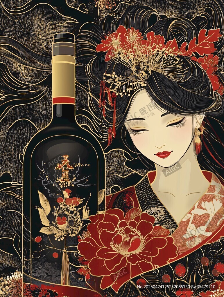 古風佳人伴紅酒瓶插畫