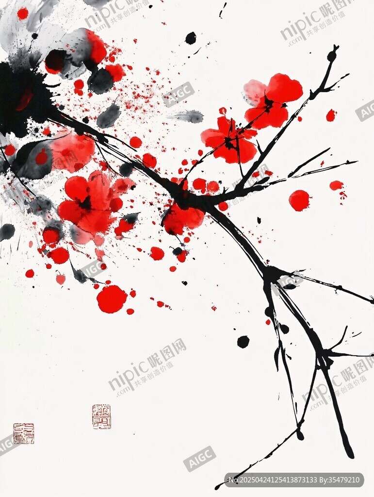 水墨紅梅圖
