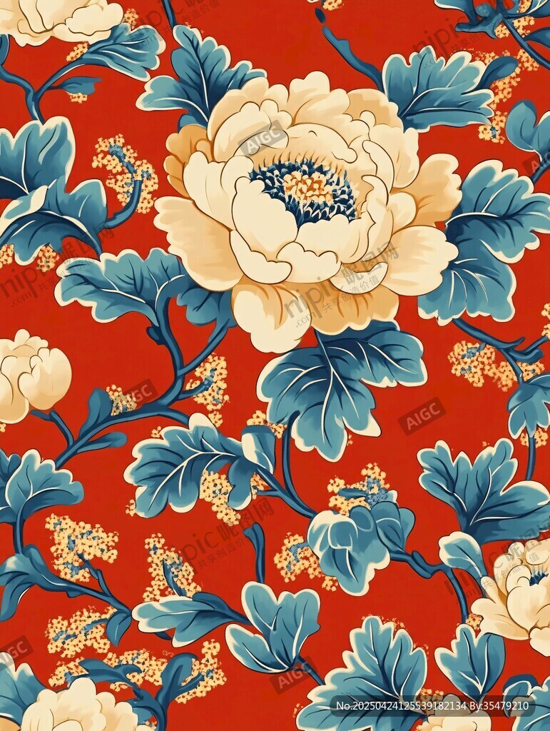 中式牡丹花卉紅色背景圖案