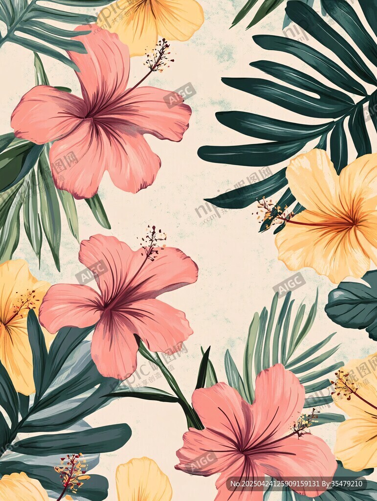 熱帶花卉與綠葉裝飾圖案