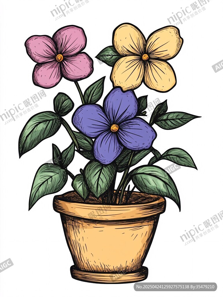 盆栽三色花插畫