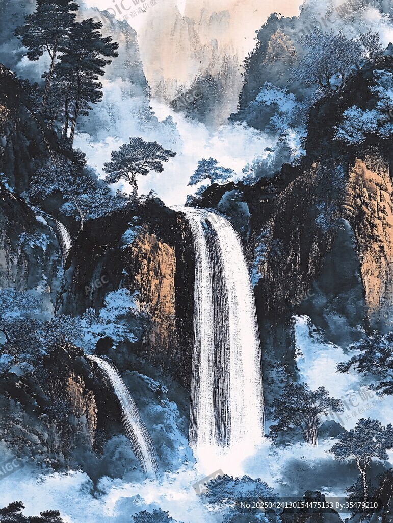水墨山水瀑布寫意畫卷
