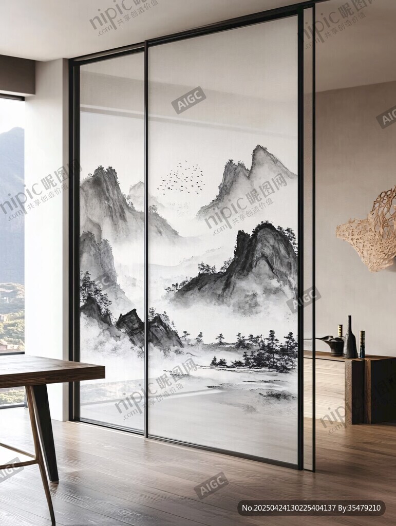 中式山水玻璃隔斷室內(nèi)景