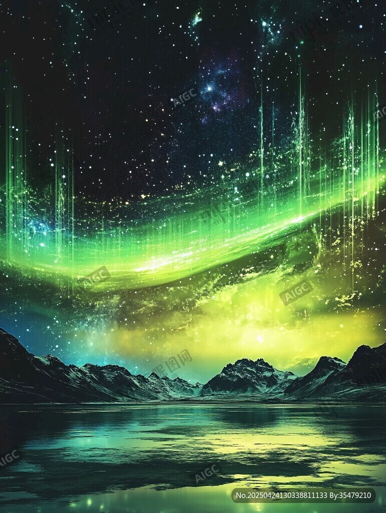夢幻極光下的山水星空夜景