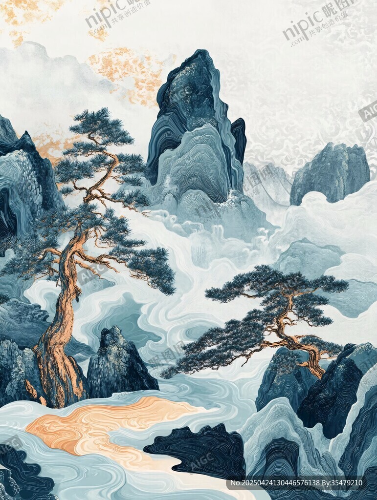 水墨山水間的蒼松景致