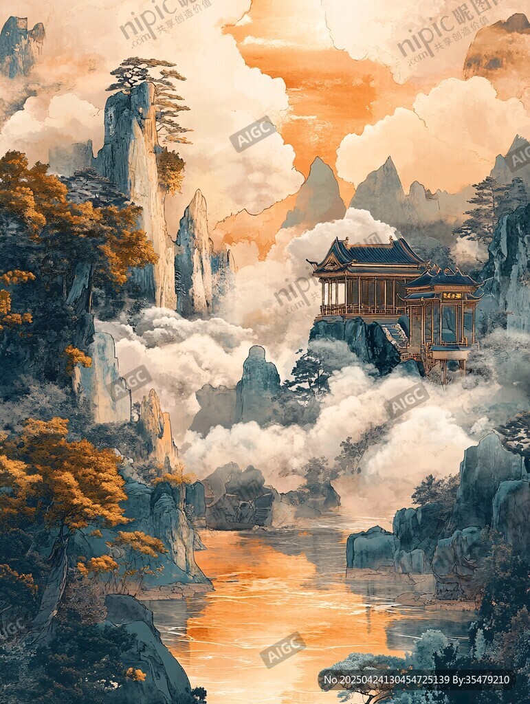水墨山水間的古韻樓閣