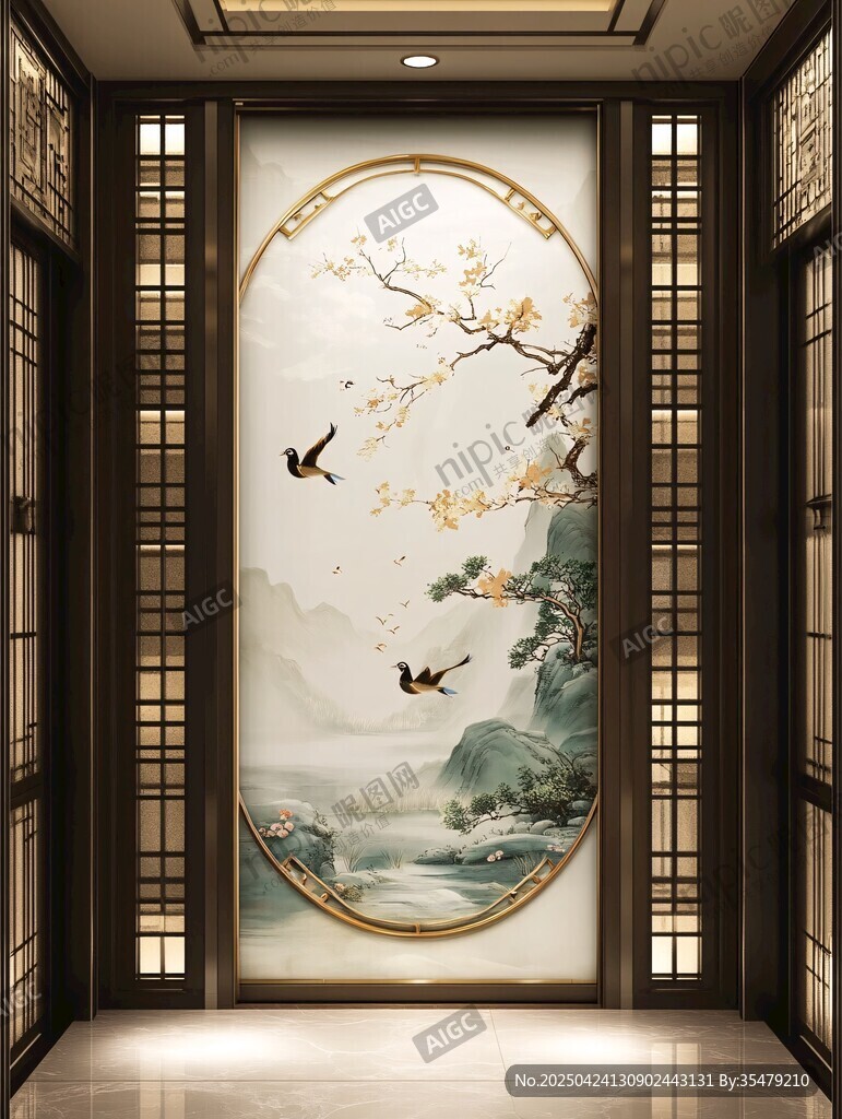 中式玄關花鳥畫雅致之景