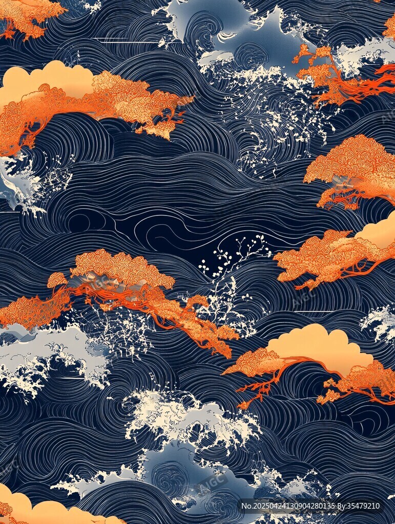 日式海浪與橙樹(shù)圖案紋理