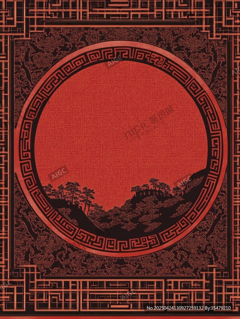 中式傳統(tǒng)紅底山水邊框圖案
