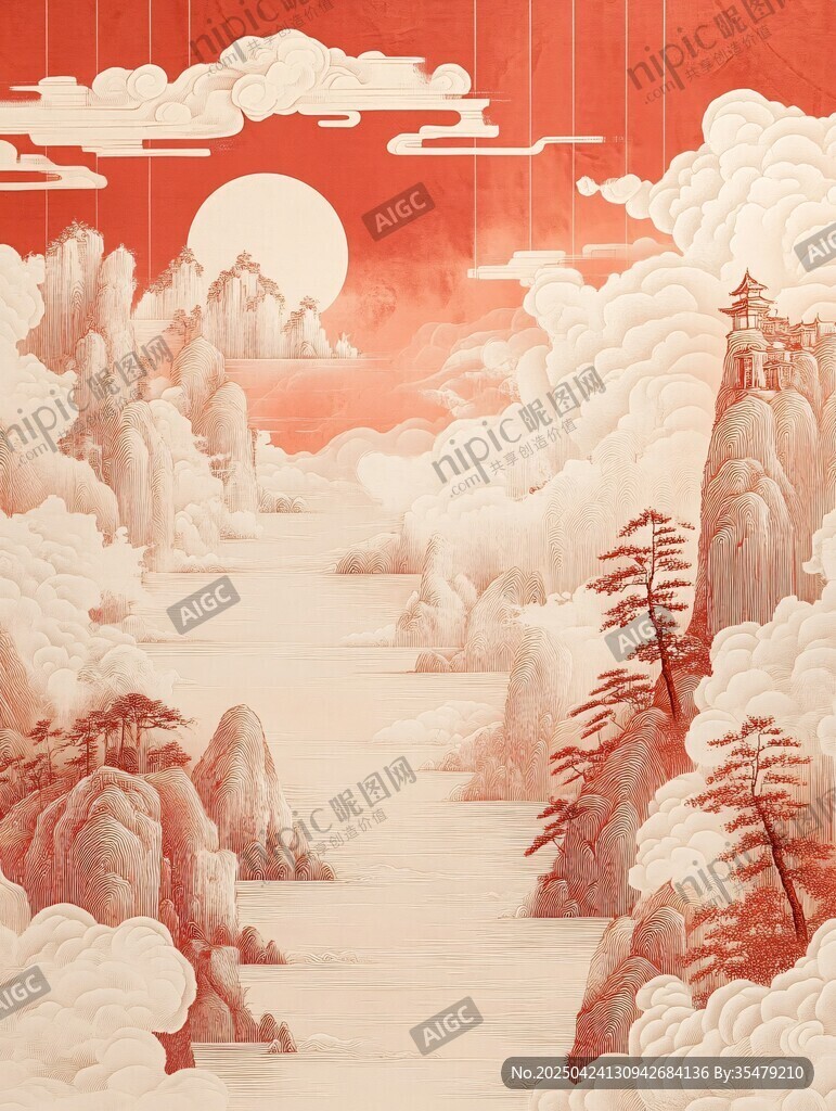 紅日云海間的壯麗山水圖