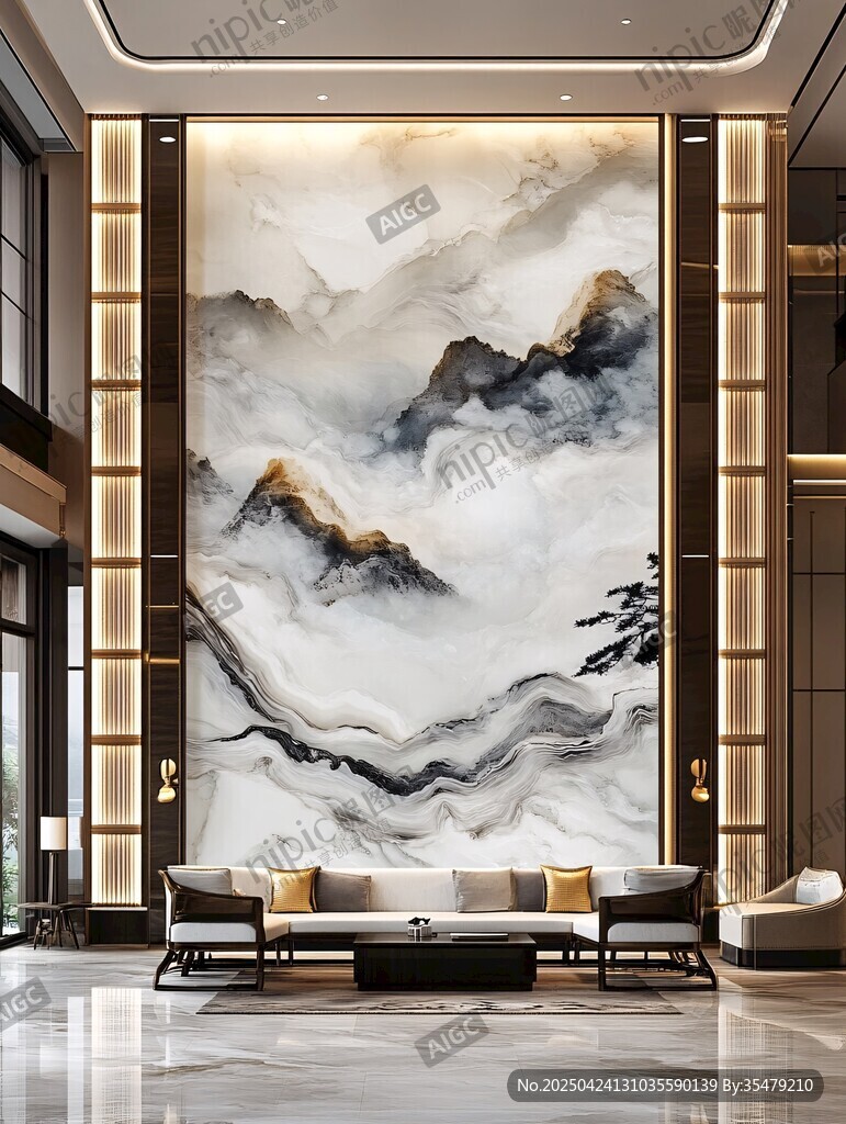 中式山水背景墻奢華客廳