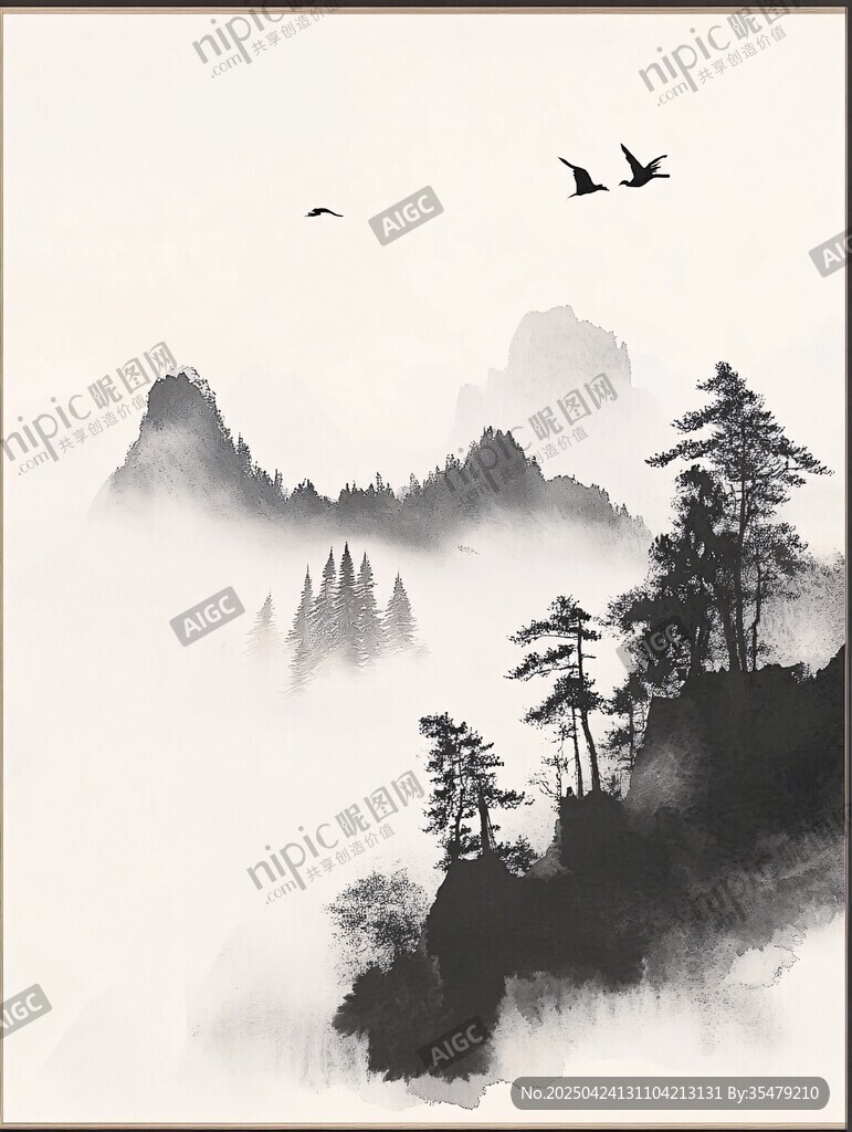 水墨山水間飛鳥伴松景