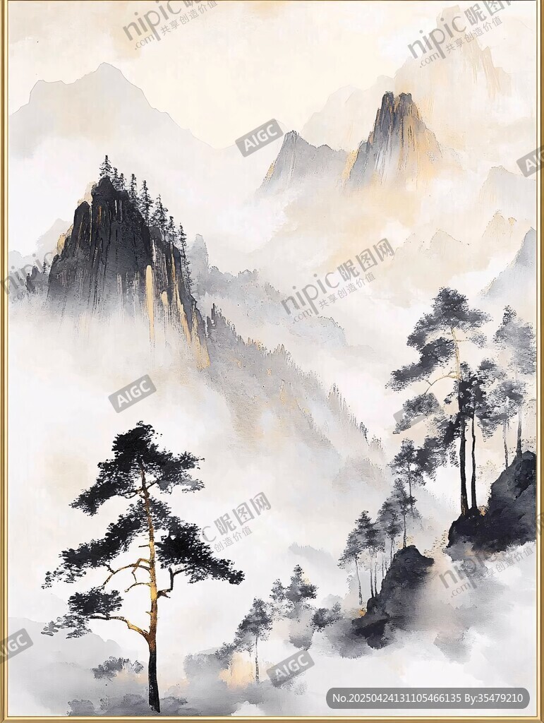 水墨山川間的孤松意境