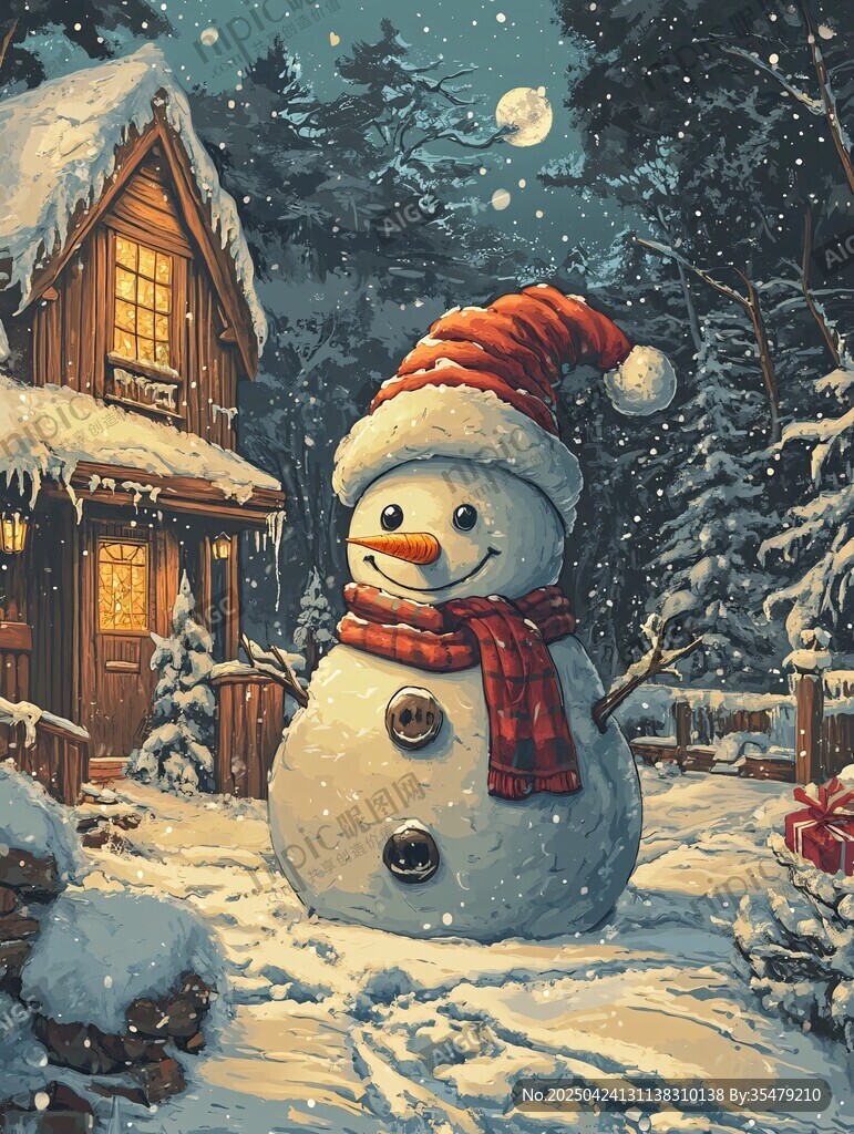 雪夜中的可愛雪人小屋