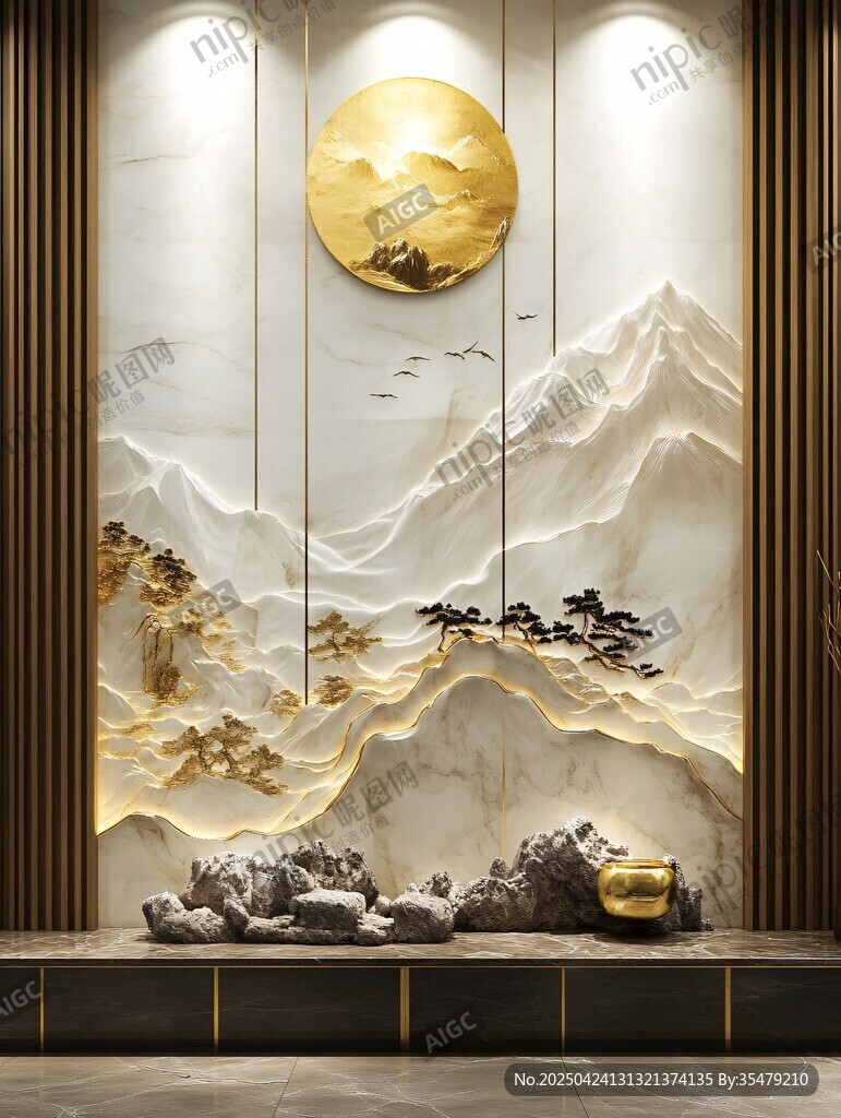 中式山水金月背景墻藝術(shù)