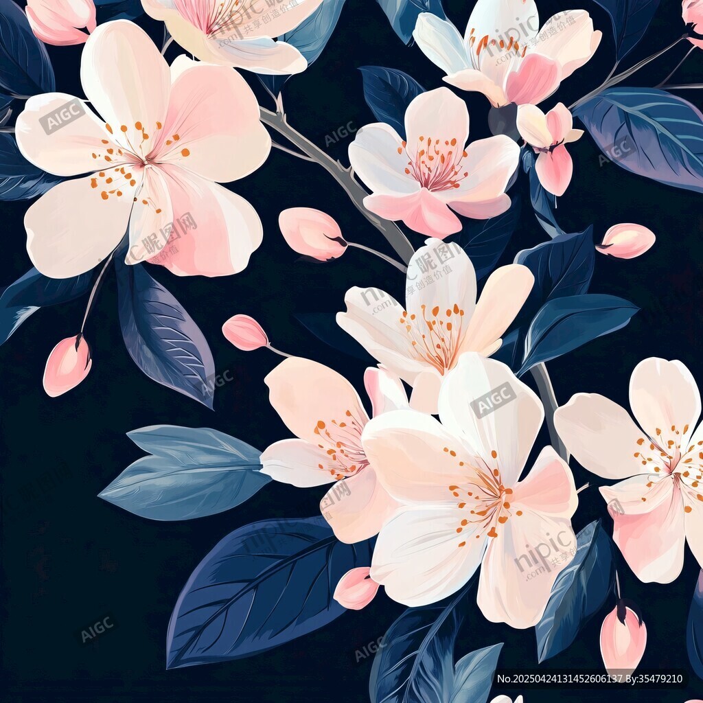 深藍(lán)色背景上的粉嫩花卉