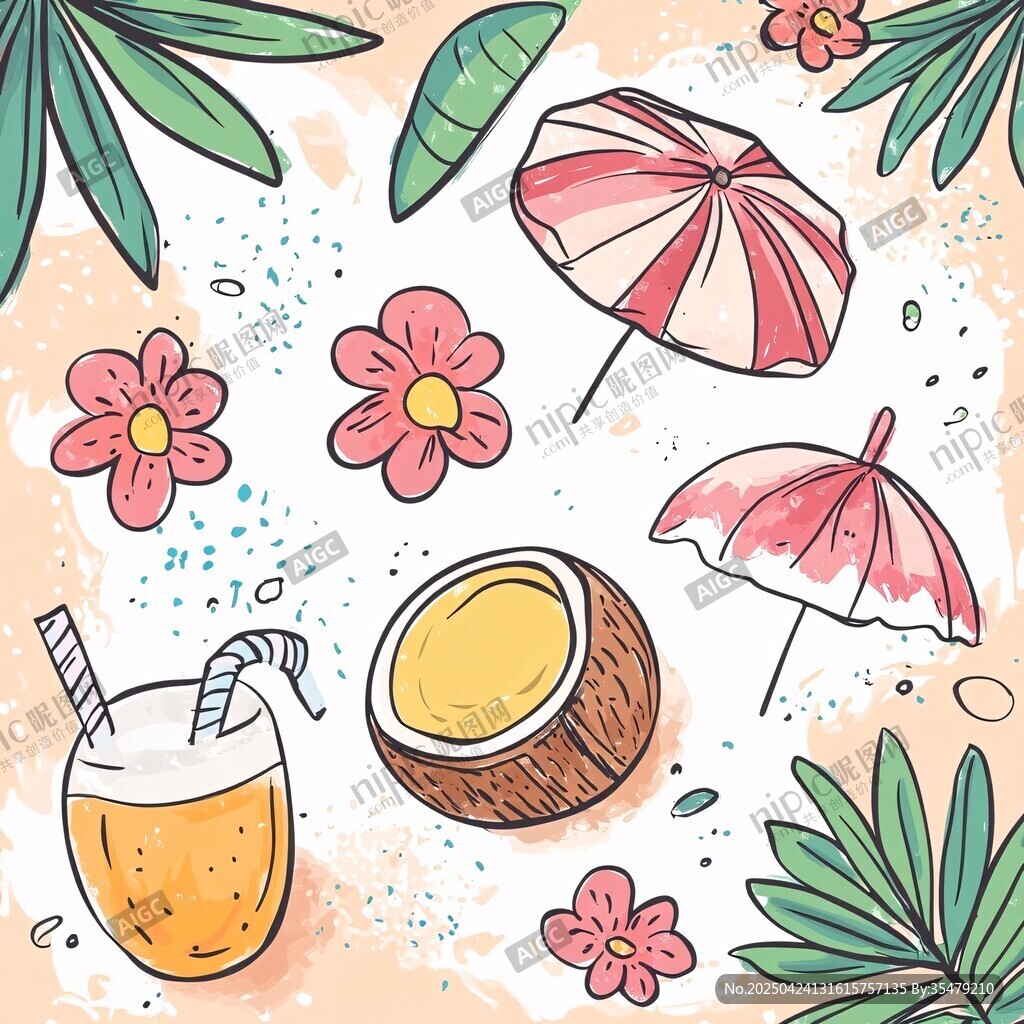 夏日海灘清涼元素插畫