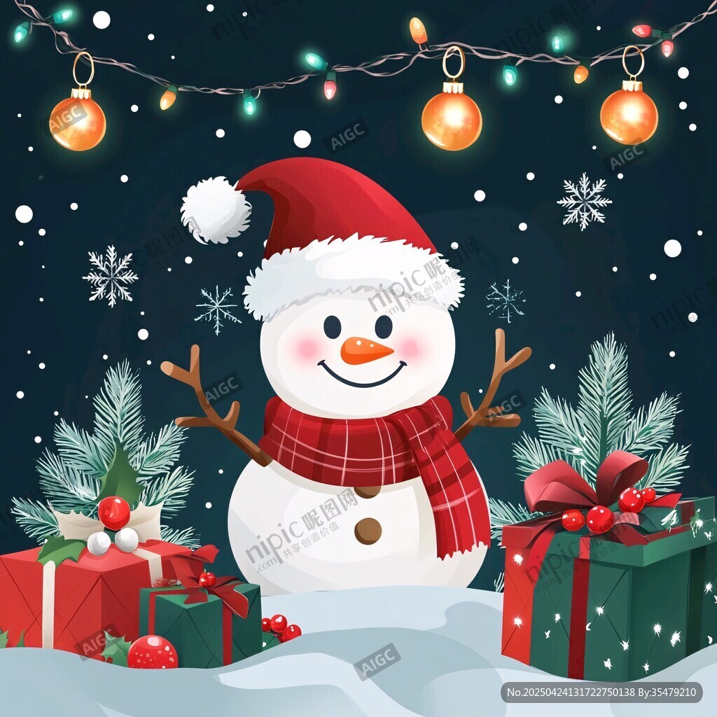可愛雪人伴圣誕禮物與彩燈