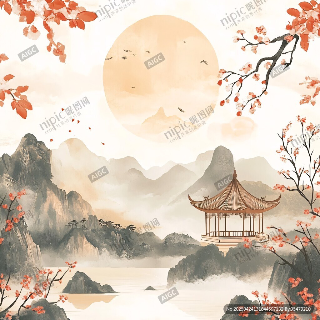 秋日山水亭閣詩意景致