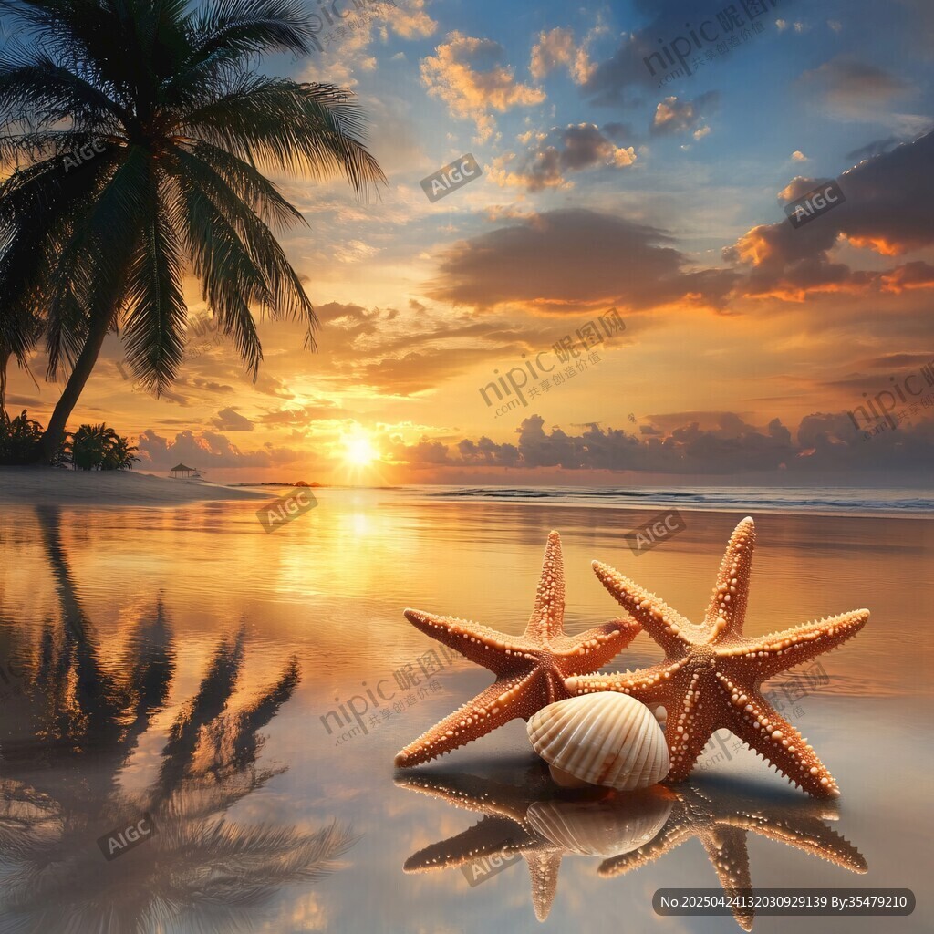 夕陽下的海灘海星貝殼美景