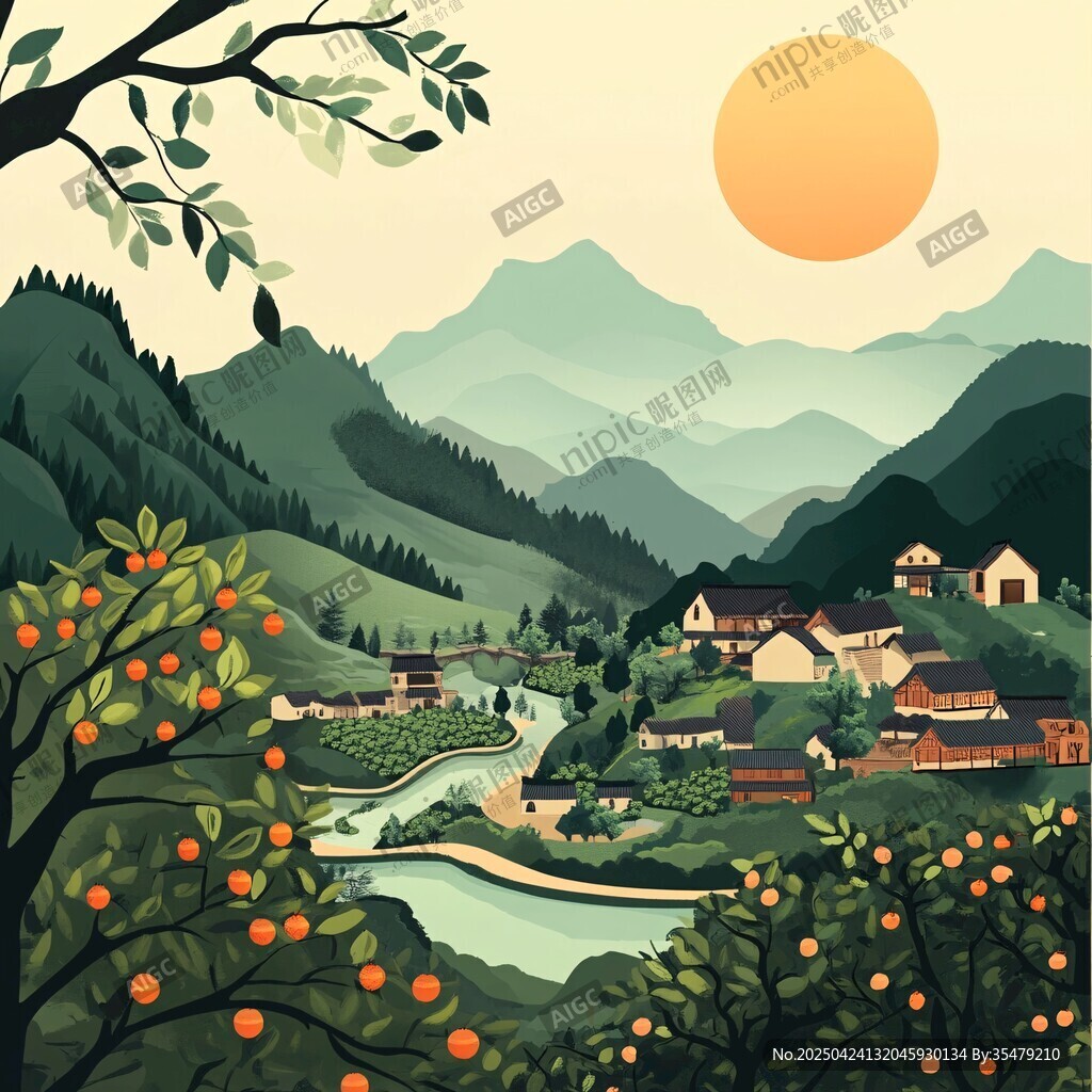 山間村落夕陽下田園美景
