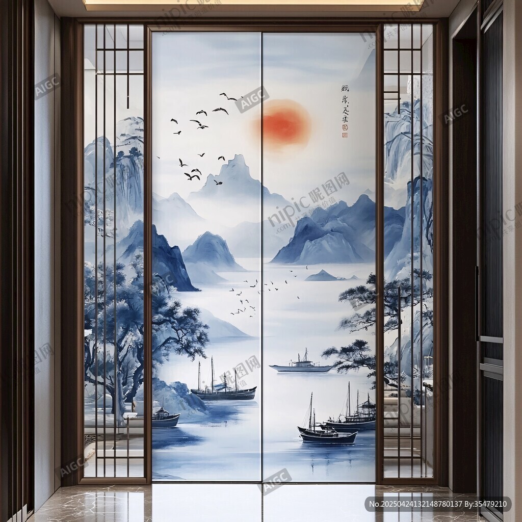 中式山水意境入戶門壁畫