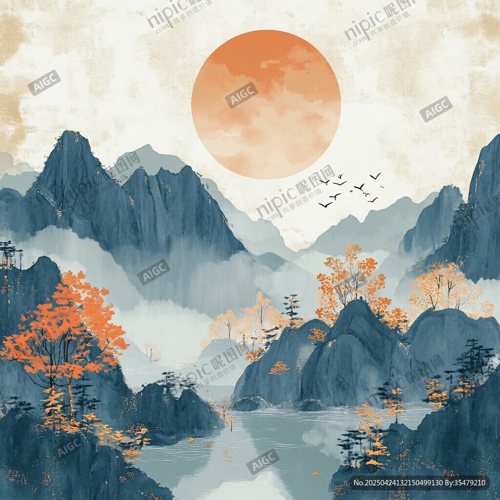 秋日山水間的壯麗日出
