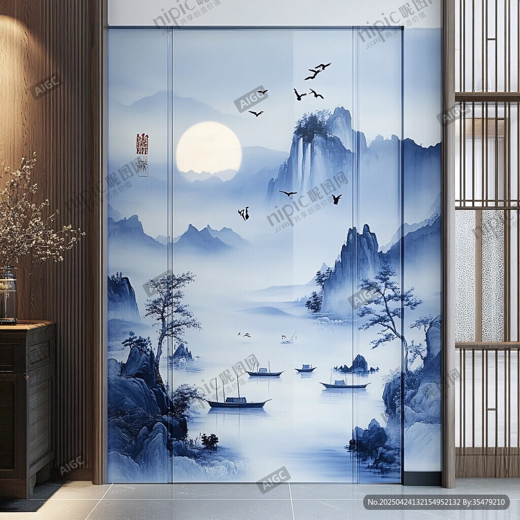 中式山水意境移门装饰画 中式山水意境移门装饰画
