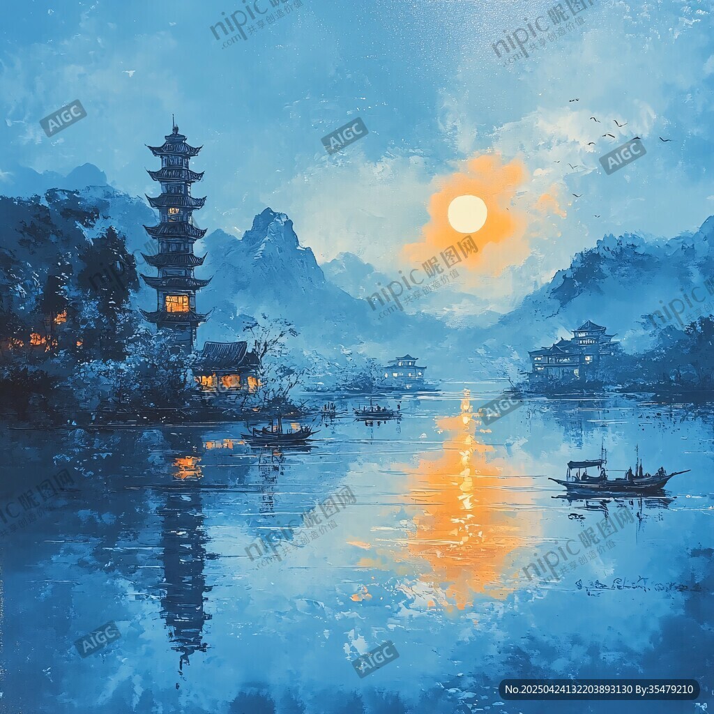 藍(lán)調(diào)山水間的落日古塔景