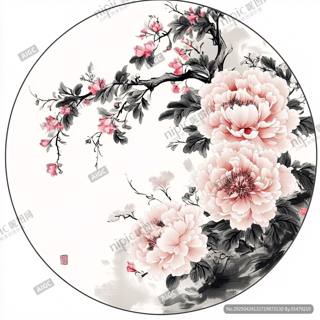 圓形水墨牡丹花卉圖