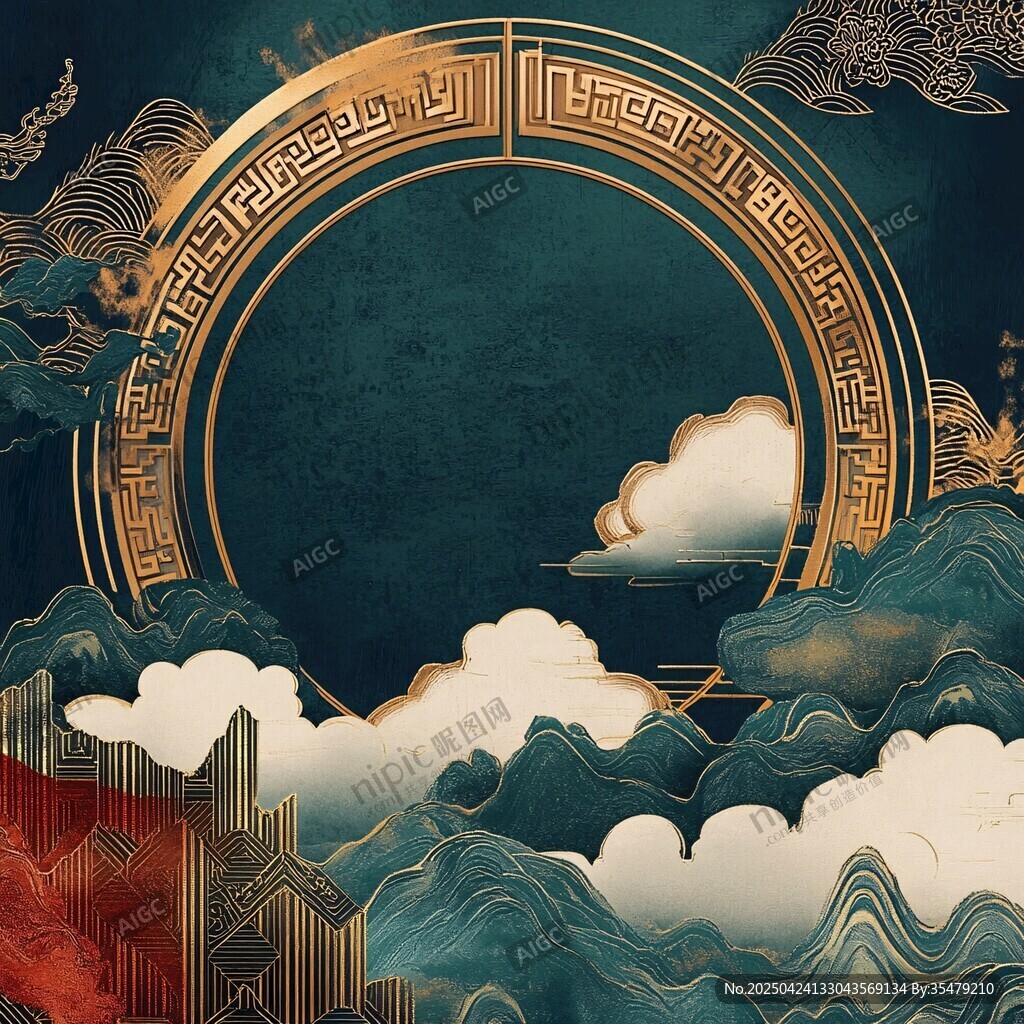 中式古風(fēng)山水環(huán)形邊框背景