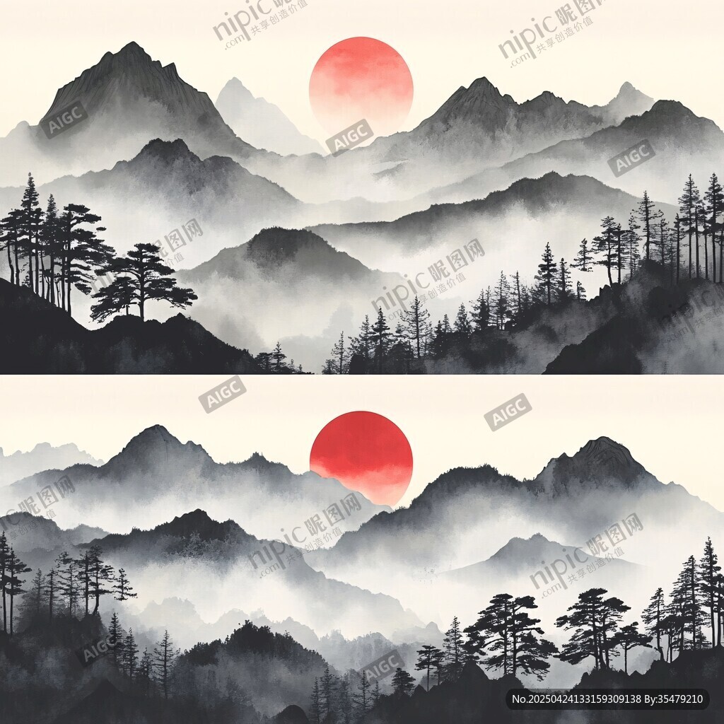 水墨山水間的紅日盛景