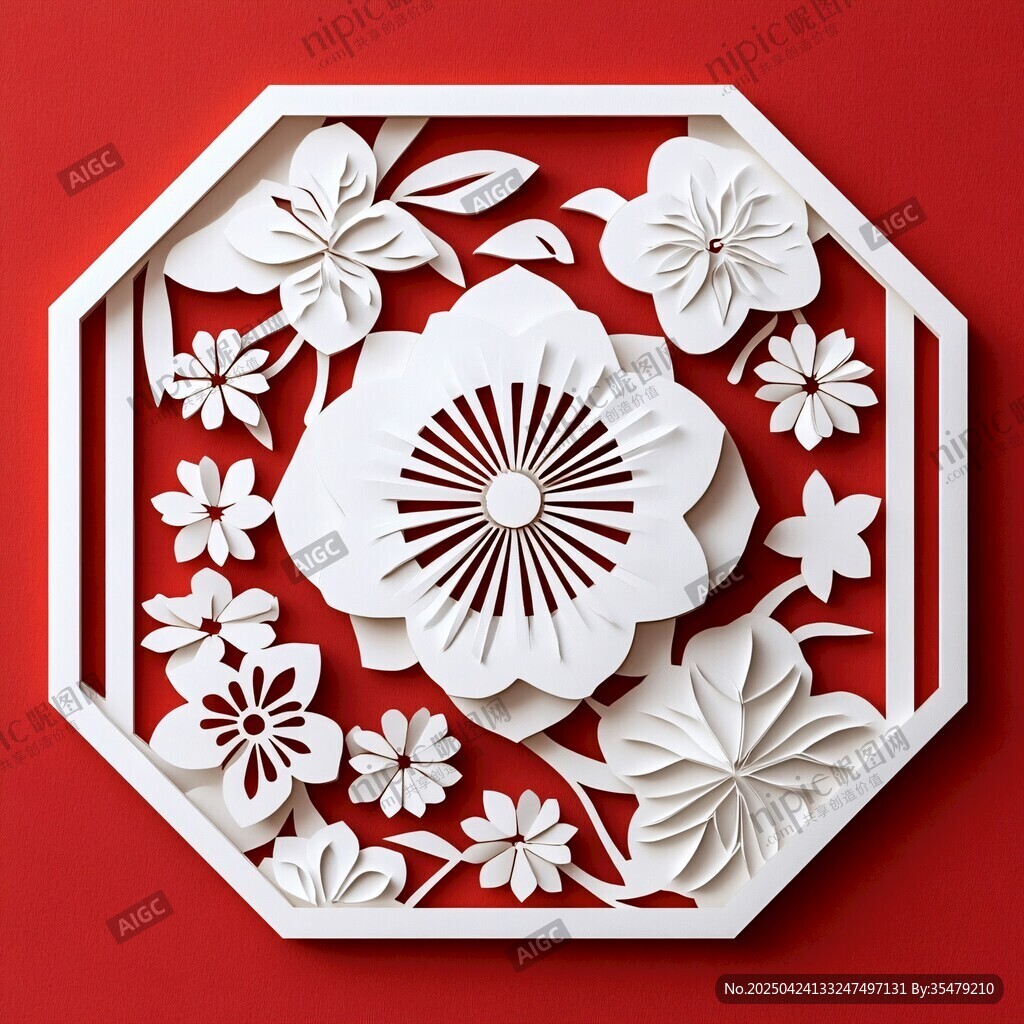 立體剪紙花卉八角裝飾圖案