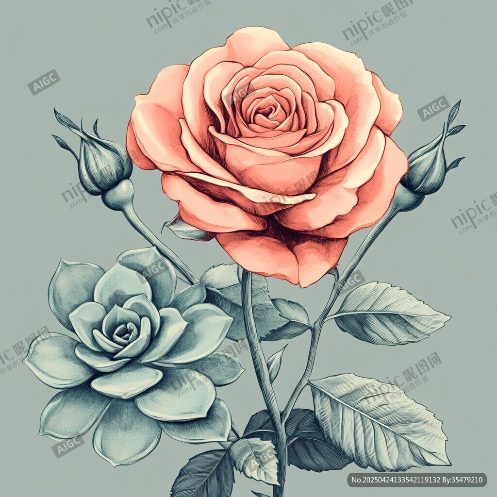 粉色玫瑰與多肉植物插畫