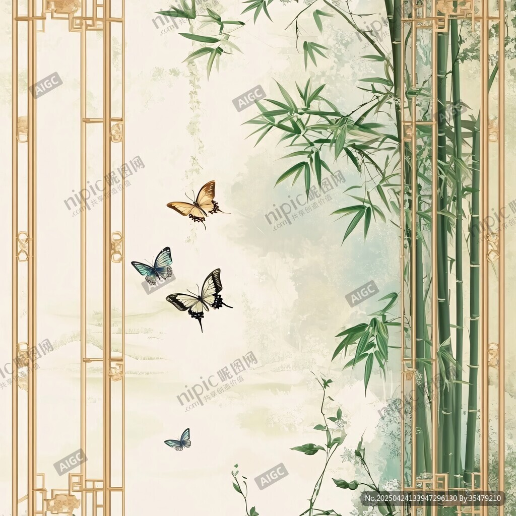 竹間蝶舞中式雅致圖景