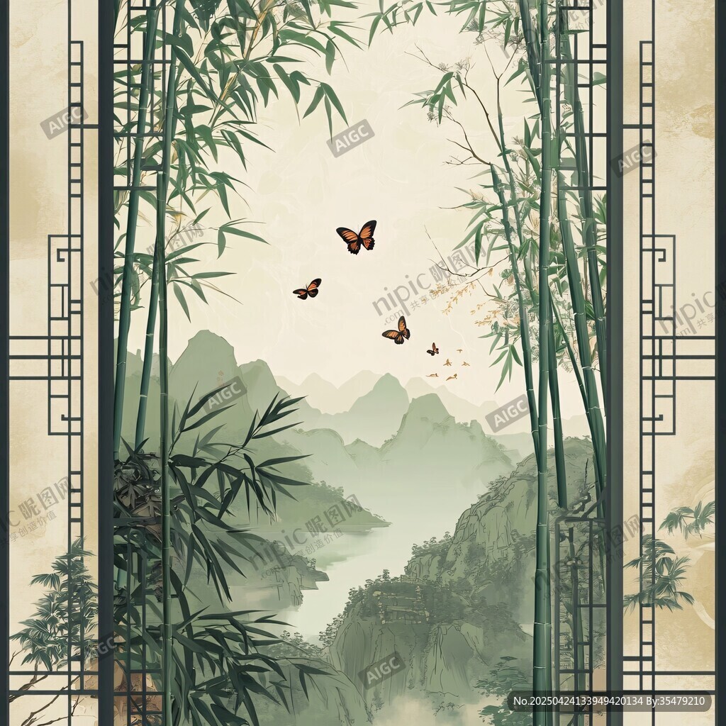 竹間蝶舞山水詩(shī)意畫境