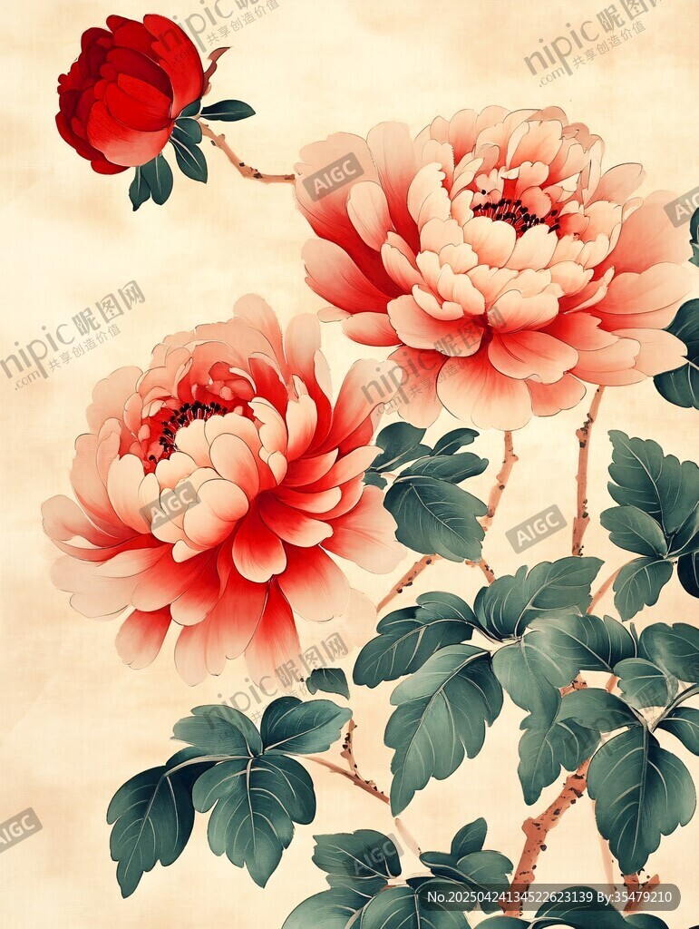 國色牡丹花卉精美插畫