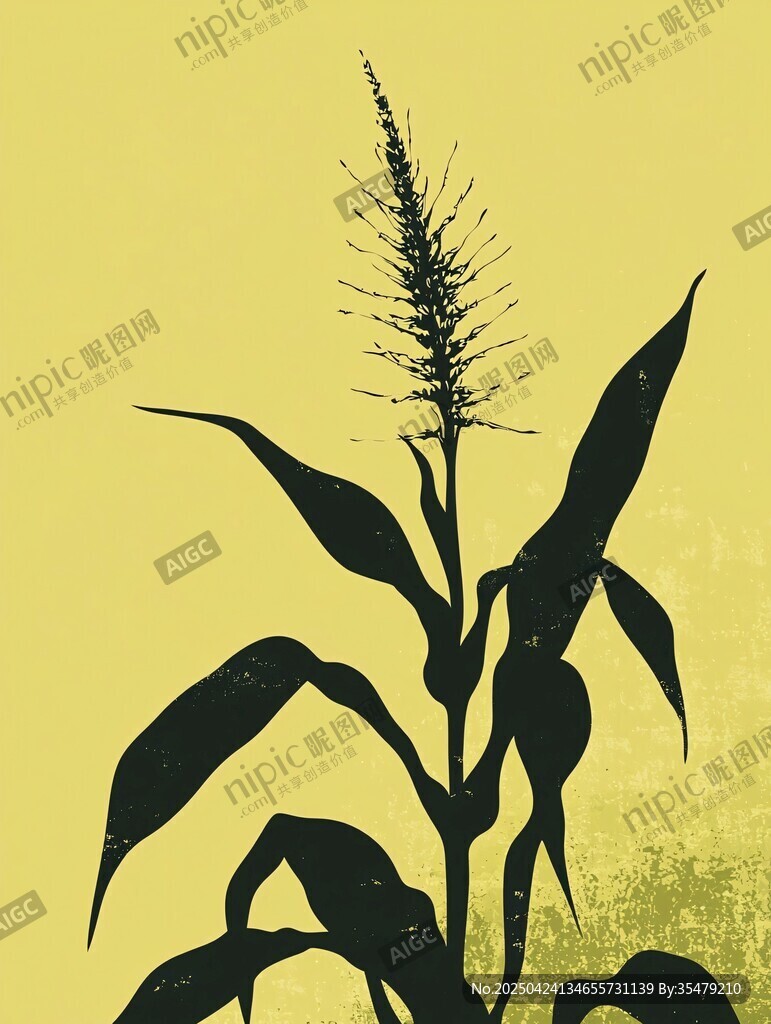 黃色背景下的玉米植株剪影