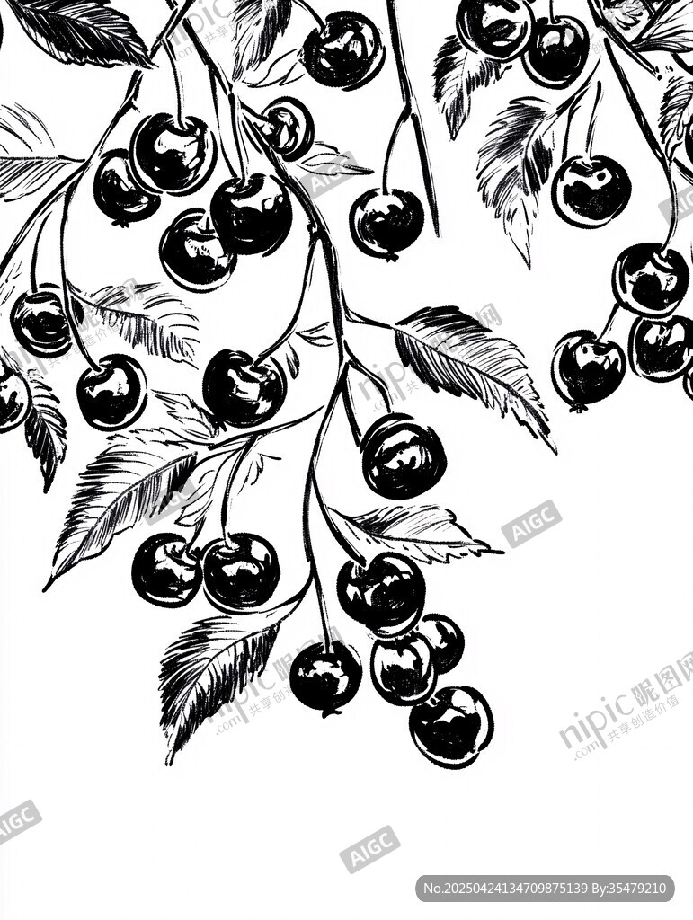 手繪櫻桃枝葉黑白插畫