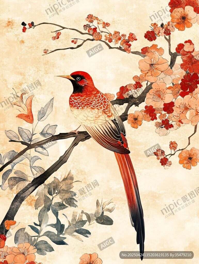 枝頭瑞鳥伴繁花