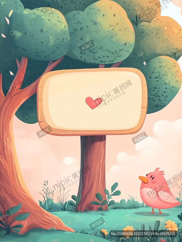 樹下小鳥與愛心標牌插畫