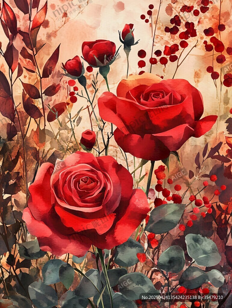 紅玫瑰的夢幻水彩花卉世界