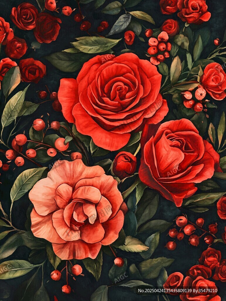 復(fù)古紅玫瑰花卉圖案