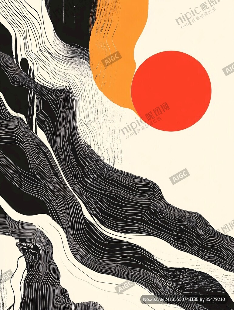 抽象線條與紅日藝術(shù)圖景