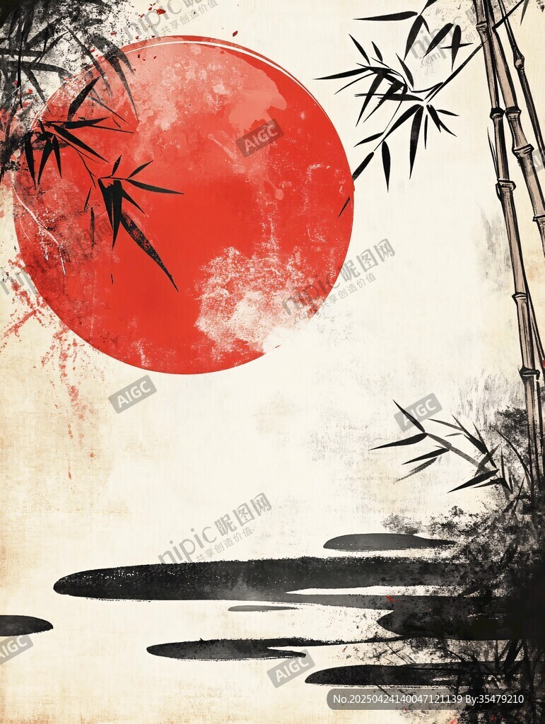 紅日翠竹水墨山水意境圖