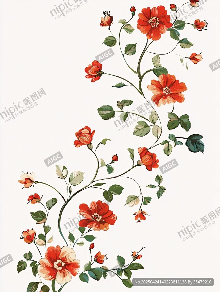 手繪紅花綠葉藤蔓裝飾畫