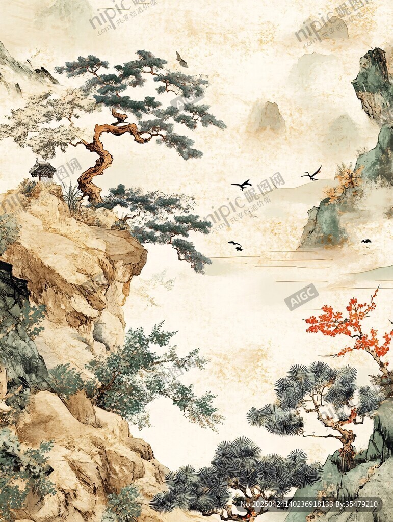 水墨山水間的松鶴美景