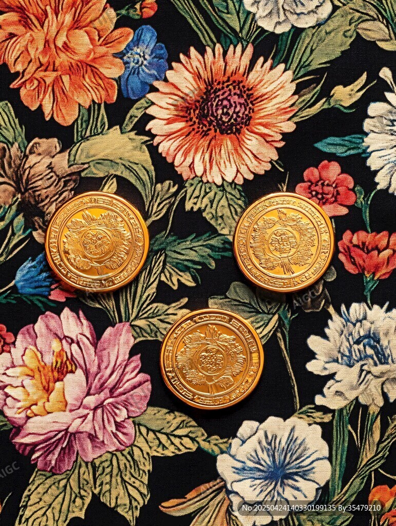 花卉背景上的三枚金色硬幣